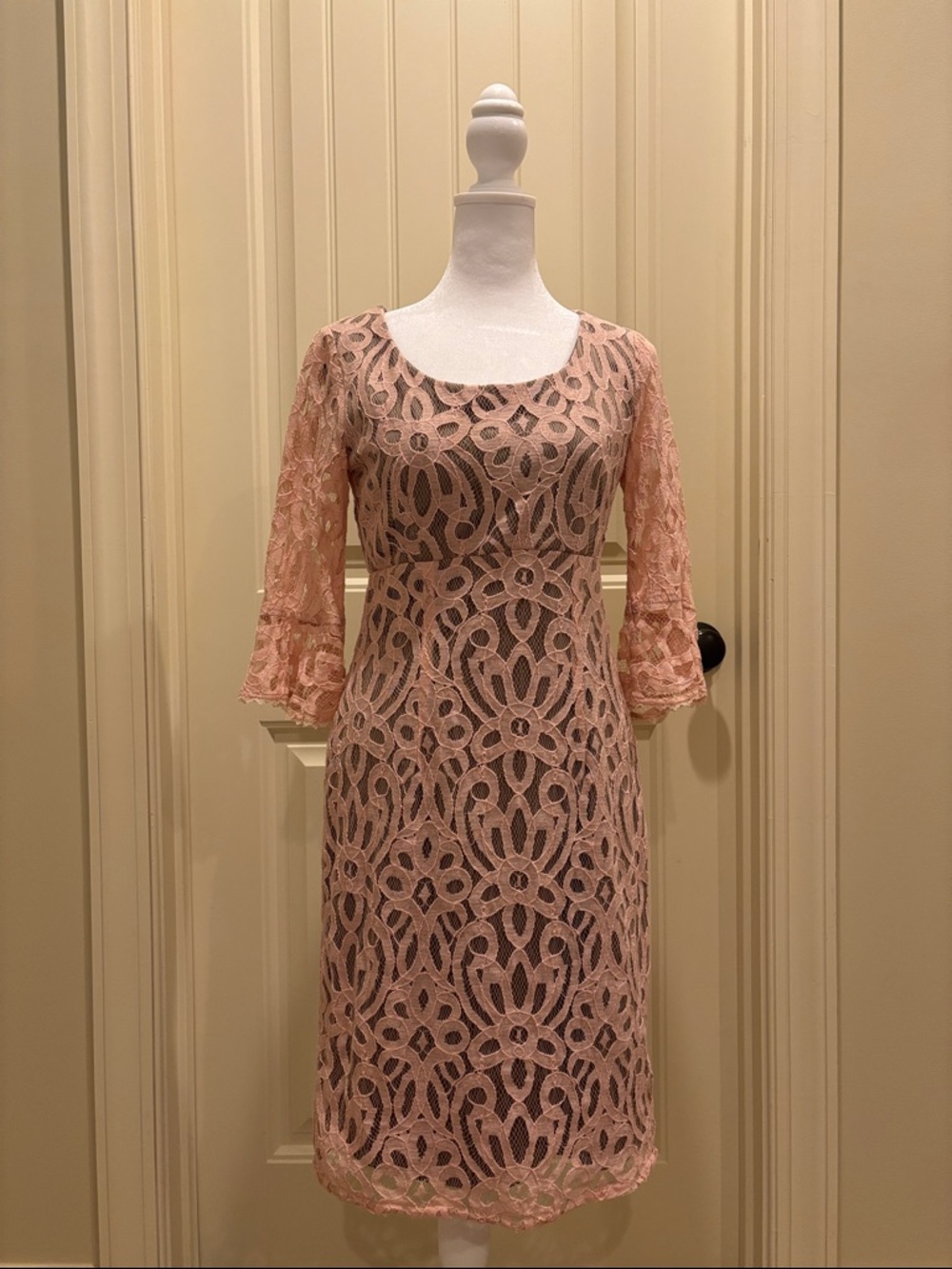 Blush Pink Stretch Lace Scoop Neck Mini Dress with Bell Sleeves